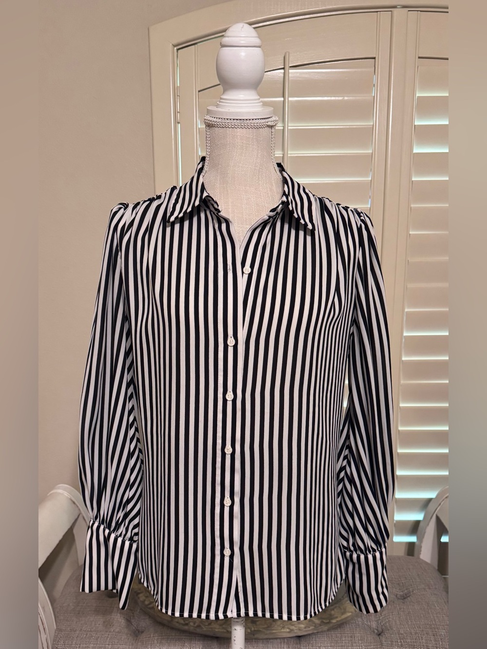 New York and Company Eva Mendez Black and White Vertical Stripe Button-Up Blouse